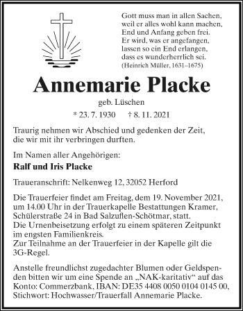 Anzeige  Annemarie Placke  Lippische Landes-Zeitung