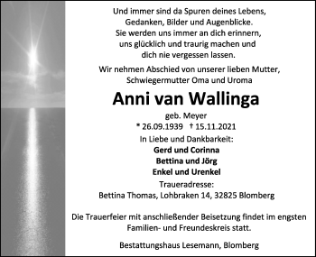Anzeige  Anni van Wallinga  Lippische Landes-Zeitung