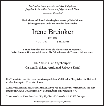 Anzeige  Irene Breinker  Lippische Landes-Zeitung