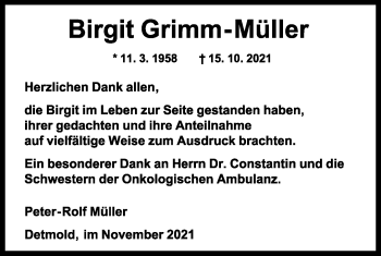 Anzeige  Birgit Grimm-Müller  Lippische Landes-Zeitung