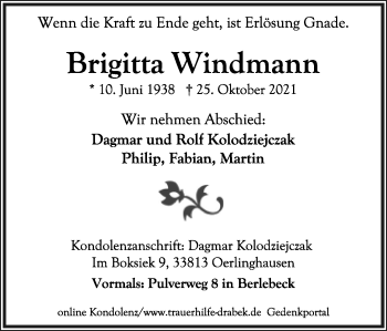 Anzeige  Brigitta Windmann  Lippische Landes-Zeitung