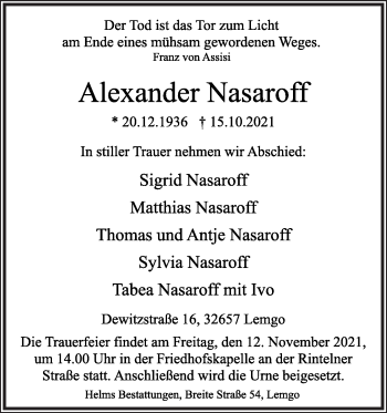 Anzeige  Alexander Nasaroff  Lippische Landes-Zeitung