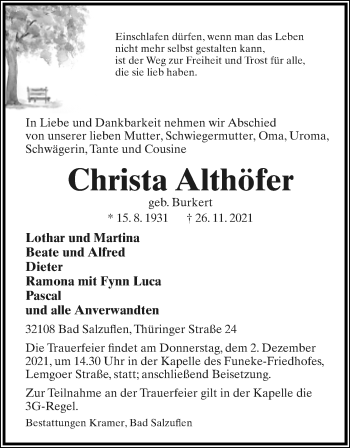 Anzeige  Christa Althöfer  Lippische Landes-Zeitung