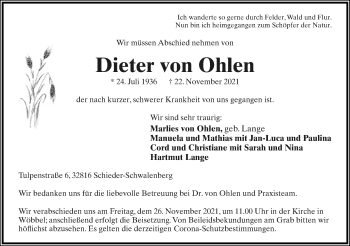 Anzeige  Dieter von Ohlen  Lippische Landes-Zeitung