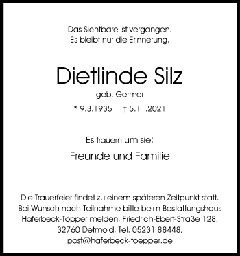 Anzeige  Dietlinde Silz  Lippische Landes-Zeitung