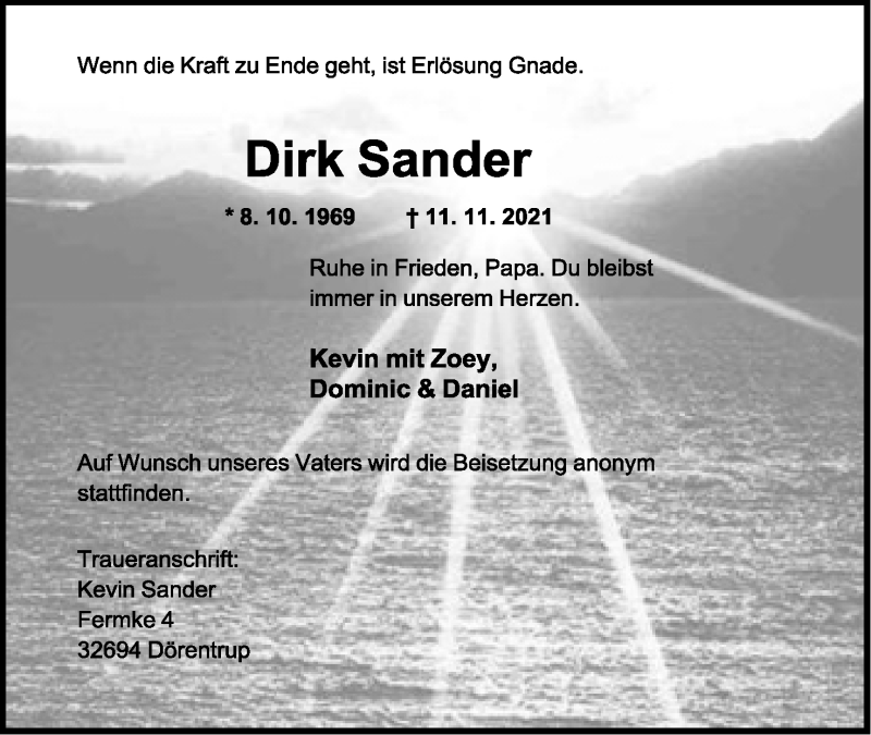  Traueranzeige für Dirk Sander vom 20.11.2021 aus Lippische Landes-Zeitung