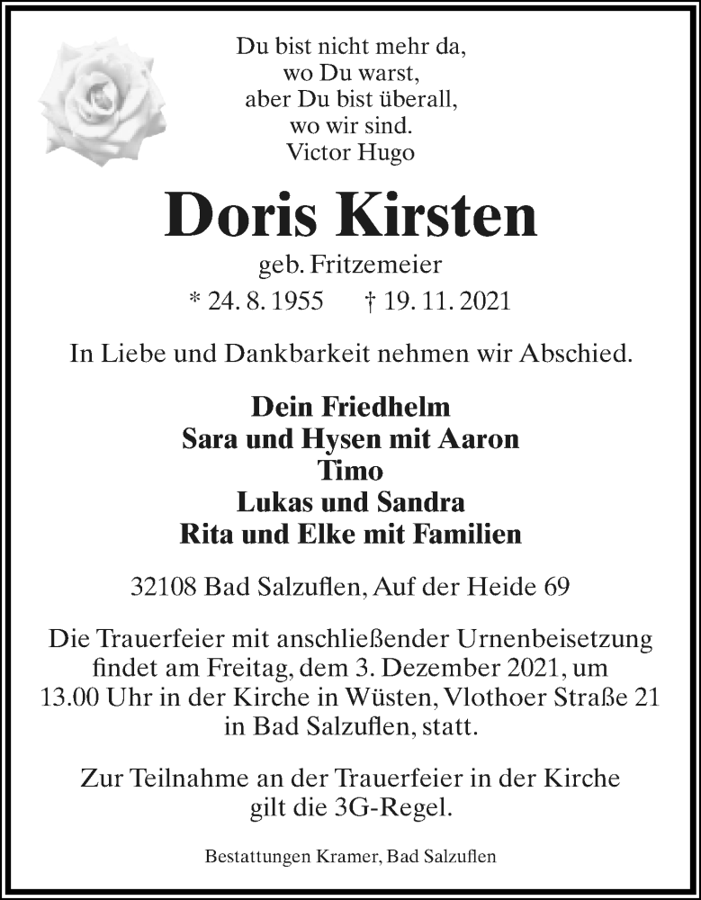  Traueranzeige für Doris Kirsten vom 27.11.2021 aus Lippische Landes-Zeitung