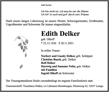 Anzeige  Edith Delker  Lippische Landes-Zeitung