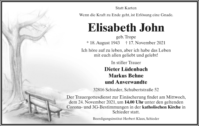  Traueranzeige für Elisabeth John vom 20.11.2021 aus Lippische Landes-Zeitung