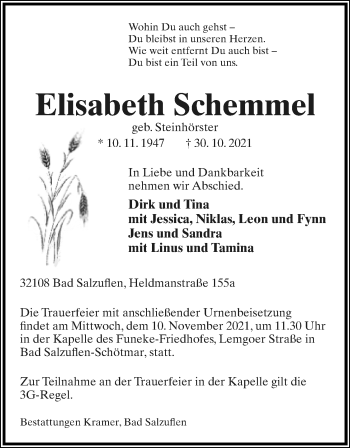 Anzeige  Elisabeth Schemmel  Lippische Landes-Zeitung