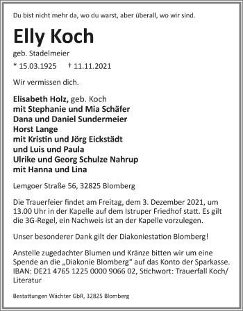Anzeige  Elly Koch  Lippische Landes-Zeitung