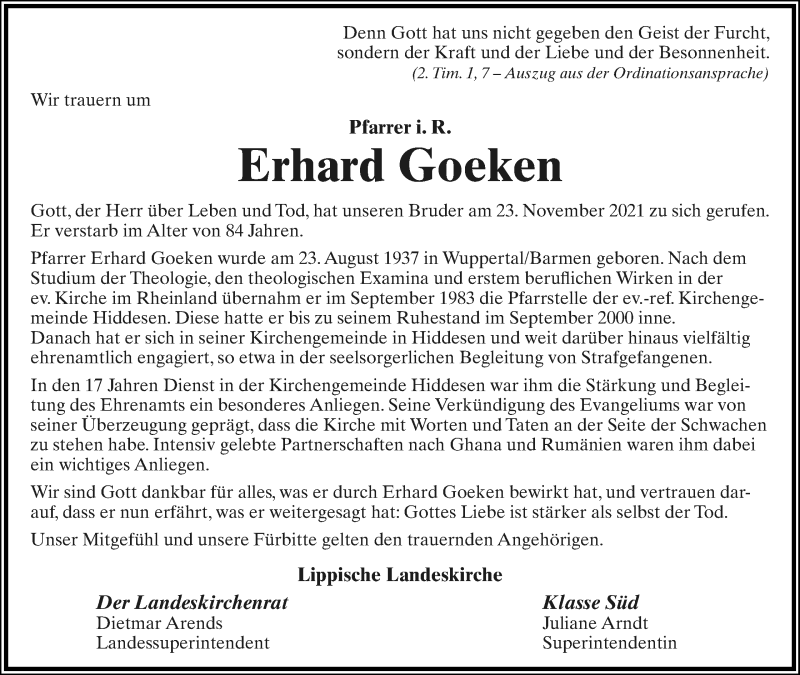 Traueranzeige für Erhard Goeken vom 27.11.2021 aus Lippische Landes-Zeitung