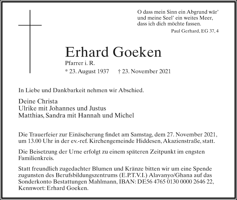  Traueranzeige für Erhard Goeken vom 25.11.2021 aus Lippische Landes-Zeitung