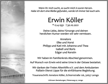 Anzeige  Erwin Köller  Lippische Landes-Zeitung