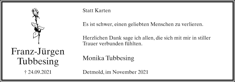  Traueranzeige für Franz-Jürgen Tubbesing vom 13.11.2021 aus Lippische Landes-Zeitung