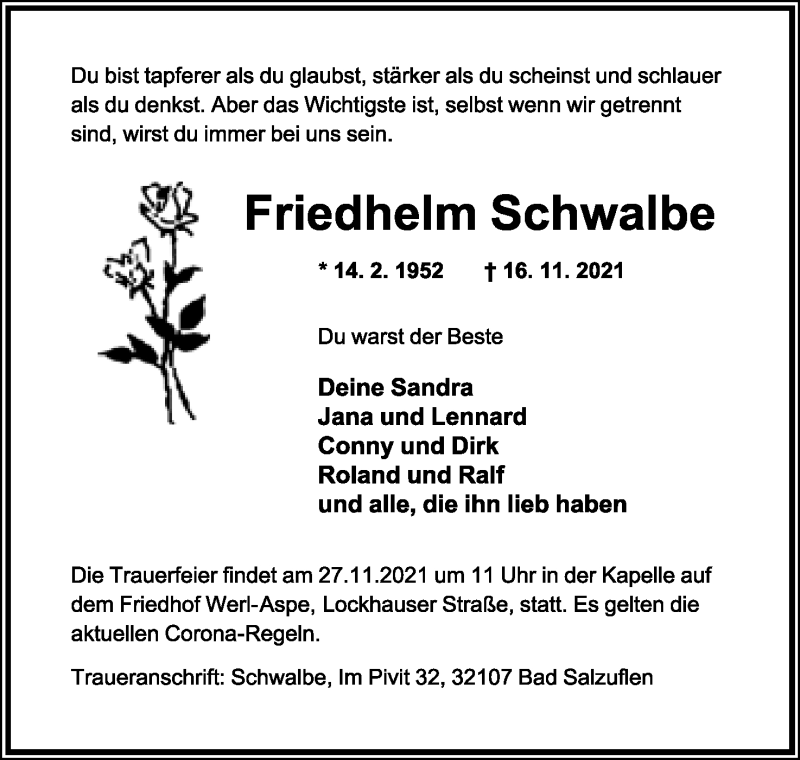  Traueranzeige für Friedhelm Schwalbe vom 20.11.2021 aus Lippische Landes-Zeitung