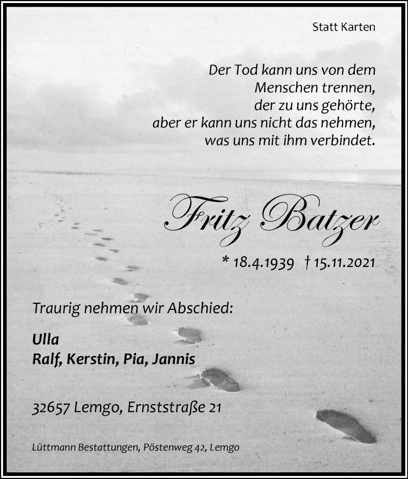  Traueranzeige für Fritz Batzer vom 20.11.2021 aus Lippische Landes-Zeitung