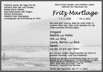 Anzeige  Fritz Martlage  Lippische Landes-Zeitung