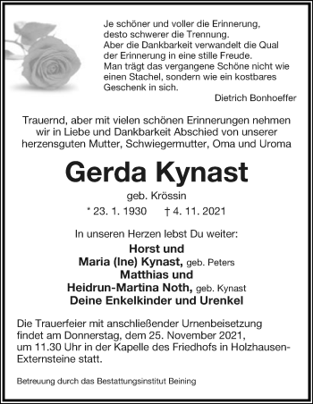 Anzeige  Gerda Kynast  Lippische Landes-Zeitung