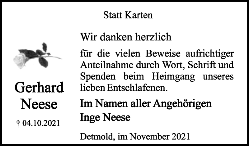  Traueranzeige für Gerhard Neese vom 06.11.2021 aus Lippische Landes-Zeitung
