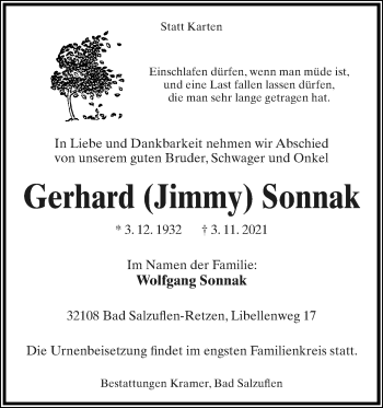 Anzeige  Gerhard Sonnak  Lippische Landes-Zeitung