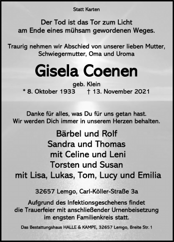 Anzeige  Gisela Coenen  Lippische Landes-Zeitung