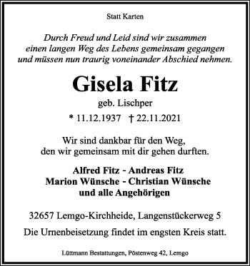 Anzeige  Gisela Fitz  Lippische Landes-Zeitung