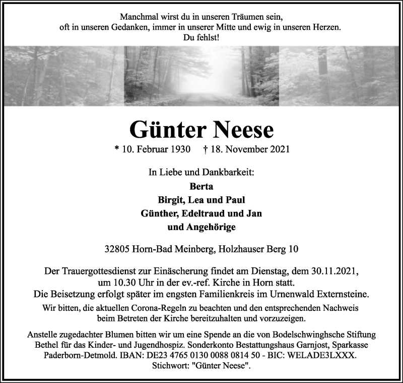  Traueranzeige für Günter Neese vom 27.11.2021 aus Lippische Landes-Zeitung