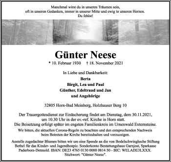 Anzeige  Günter Neese  Lippische Landes-Zeitung