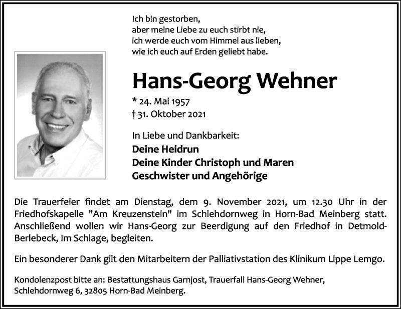  Traueranzeige für Hans-Georg Wehner vom 06.11.2021 aus Lippische Landes-Zeitung