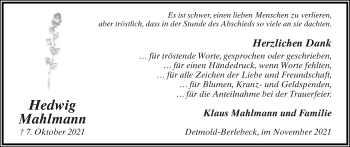 Anzeige  Hedwig Mahlmann  Lippische Landes-Zeitung