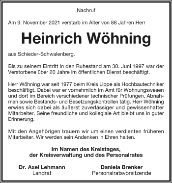 Anzeige  Heinrich Wöhning  Lippische Landes-Zeitung
