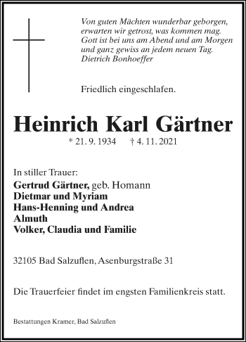 Anzeige  Heinrich Karl Gärtner  Lippische Landes-Zeitung