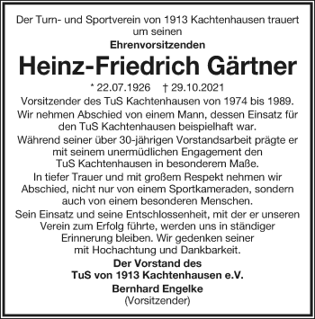 Anzeige  Heinz-Friedrich Gärtner  Lippische Landes-Zeitung