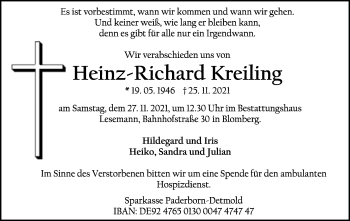 Anzeige  Heinz-Richard Kreiling  Lippische Landes-Zeitung