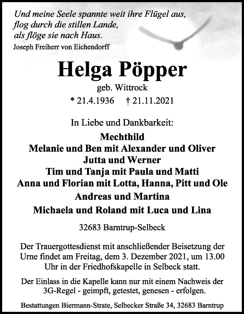  Traueranzeige für Helga Pöpper vom 27.11.2021 aus Lippische Landes-Zeitung