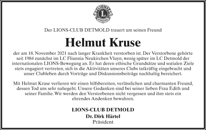  Traueranzeige für Helmut Kruse vom 27.11.2021 aus Lippische Landes-Zeitung