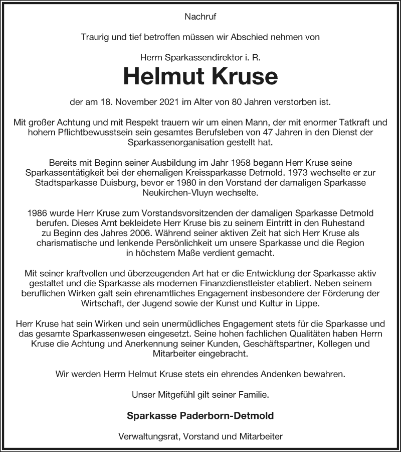  Traueranzeige für Helmut Kruse vom 27.11.2021 aus Lippische Landes-Zeitung