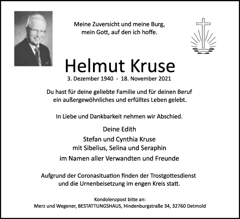  Traueranzeige für Helmut Kruse vom 27.11.2021 aus Lippische Landes-Zeitung