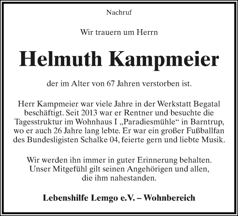  Traueranzeige für Helmuth Kampmeier vom 22.11.2021 aus Lippische Landes-Zeitung