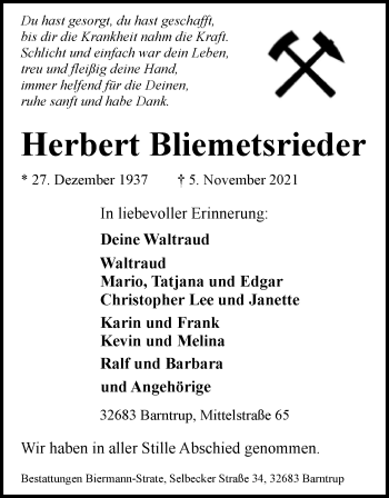 Anzeige  Herbert Bliemetsrieder  Lippische Landes-Zeitung
