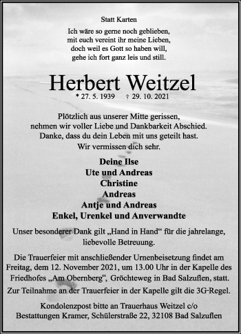 Anzeige  Herbert Weitzel  Lippische Landes-Zeitung