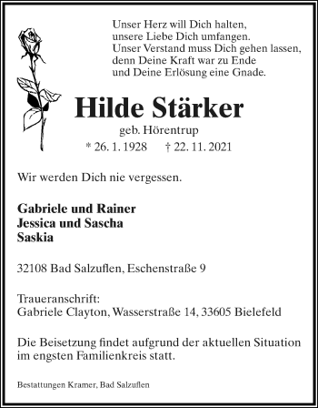 Anzeige  Hilde Stärker  Lippische Landes-Zeitung