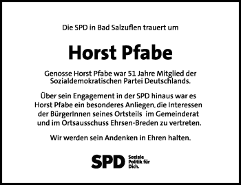 Anzeige  Horst Pfabe  Lippische Landes-Zeitung