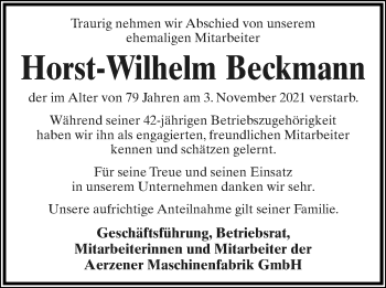 Anzeige  Horst-Wilhelm Beckmann  Lippische Landes-Zeitung