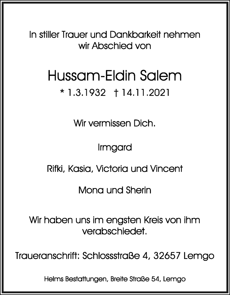  Traueranzeige für Hussam-Eldin Salem vom 27.11.2021 aus Lippische Landes-Zeitung