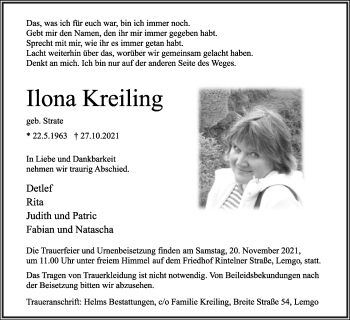 Anzeige  Ilona Kreiling  Lippische Landes-Zeitung