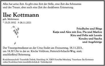 Anzeige  Ilse Kottmann  Lippische Landes-Zeitung