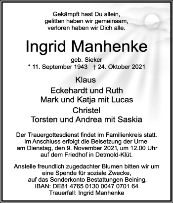 Anzeige  Ingrid Manhenke  Lippische Landes-Zeitung