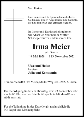 Anzeige  Irma Meier  Lippische Landes-Zeitung